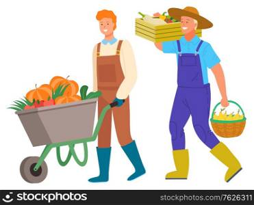Harvesting man smiling character vector, isolated personage with carriage filled with veggies. Pumpkin and carrots, pear in woven basket. Farmers set. Flat cartoon. Harvesting Man Carrying Vegetables in Box Vector