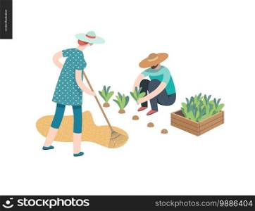 Harvesting people, fall - flat vector concept illustration of a man wearing straw hat gathering in ripe salad to the wooden box and a woman raking hay into the stack. Reaping the crop concept.. Harvesting people, fall