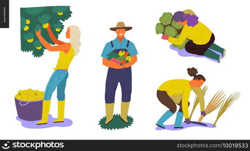 Harvesting people - set of vector flat hand drawn illustrations of people doing farming job - watering, gathering, planting, growing and transplant sprouts, self-sufficiency and harvesting concept. Harvesting people set