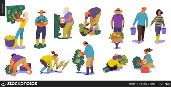 Harvesting people - set of vector flat hand drawn illustrations of people doing farming job - watering, gathering, planting, growing and transplant sprouts, self-sufficiency and harvesting concept. Harvesting people set