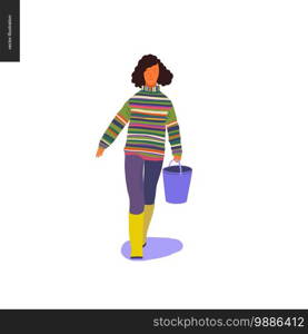 Harvesting people - vector flat hand drawn illustration of a young woman wearing a striped sweater and rubber boots carrying a basket full of water. Self-sufficiency, farming and harvesting concept. Harvesting people set