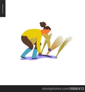 Harvesting people - vector flat hand drawn illustration of a young woman wearing rubber boots collecting rice cutting it with a long knife. Self-sufficiency, farming and harvesting concept. Harvesting people set