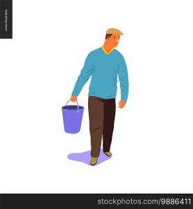 Harvesting people - vector flat hand drawn illustration of an adult man wearing a cap and a sweater carrying a basket full of water. Self-sufficiency, farming and harvesting concept. Harvesting people set