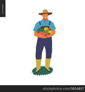 Harvesting people -vector flat hand drawn illustration of an adult man wearing straw hat, overalls and rubber boots holding a pile of green vegetables. Self-sufficiency, farming and harvesting concept. Harvesting people set
