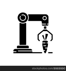 Harvesting robotics black glyph icon. Smart industrial environments. Modern farm technology. Automation and engineering in biotechnology. Silhouette symbol on white space. Vector isolated illustration. Harvesting robotics black glyph icon