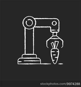 Harvesting robotics chalk white icon on black background. Smart industrial environments. Modern farm technology. Automation and engineering in biotechnology. Isolated vector chalkboard illustration. Harvesting robotics chalk white icon on black background