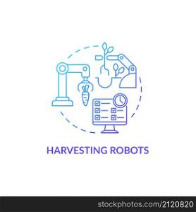 Harvesting robots blue gradient concept icon. Robotic advancement abstract idea thin line illustration. Pick vegetables and fruits. Isolated outline drawing. Roboto-Medium, Myriad Pro-Bold fonts used. Harvesting robots blue gradient concept icon
