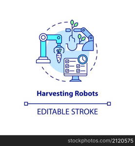 Harvesting robots concept icon. Innovative agricultural industry abstract idea thin line illustration. Isolated outline drawing. Editable stroke. Roboto-Medium, Myriad Pro-Bold fonts used. Harvesting robots concept icon