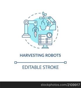 Harvesting robots turquoise concept icon. Plucking crops automation abstract idea thin line illustration. Isolated outline drawing. Editable stroke. Roboto-Medium, Myriad Pro-Bold fonts used. Harvesting robots turquoise concept icon