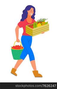 Harvesting season on farm vector, isolated woman carrying ripe fruits and vegetables in boxes. Container with tomato and cucumber, bucket with apples. Flat cartoon. Harvesting Woman with Box Filled with Vegetables