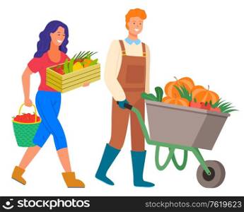 Harvesting season vector, isolated man and woman with fresh products. Agricultural workers with carriage and pumpkins, tomato and carrots. Lady with apples. Farmers Working Together, Farming People Harvest