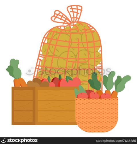 Harvesting season vector, production storage of goods. Carrots vegetables and apples in wooden containers. Potato kept in fishnet bag flat style farming. Bag with Harvested Products Veggies Potato Carrots