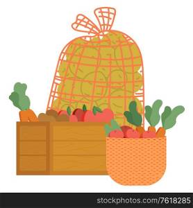 Harvesting season vector, production storage of goods. Carrots vegetables and apples in wooden containers. Potato kept in fishnet bag flat style farming. Bag with Harvested Products Veggies Potato Carrots