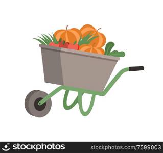 Harvesting seasonal food vector, isolated cart with veggies, vegetables pumpkins and carrots with foliage, agricultural season of gathering plantation. Metal Cart with Vegetables, Harvested Veggies