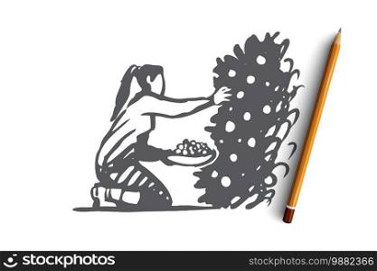 Harvesting, woman, agriculture, farm, food concept. Hand drawn woman harvesting concept sketch. Isolated vector illustration.. Harvesting, woman, agriculture, farm, food concept. Hand drawn isolated vector.