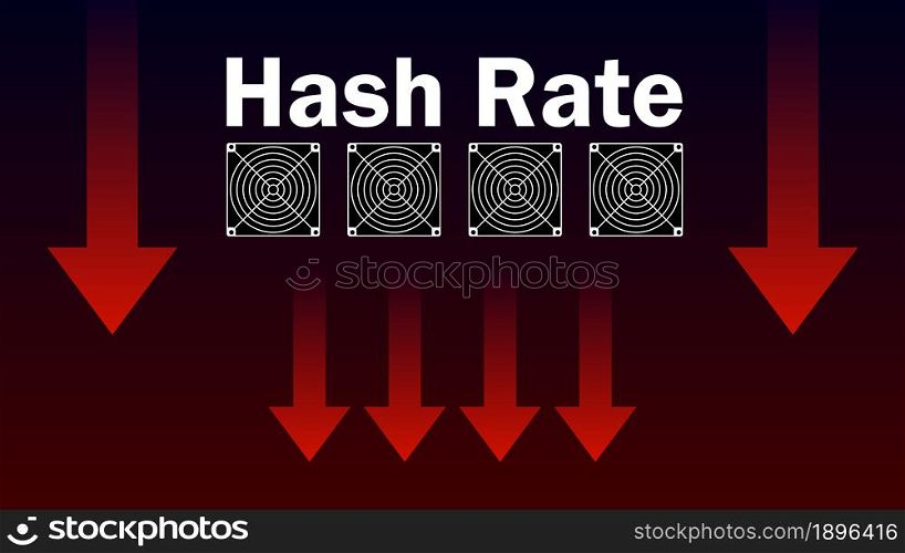 Hash rate fallen red down arrow. Mining power has dropped. Banner for news. Vector illustration.