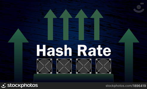 Hash rate of blockchain network increase. Cryptocurrency mining devices with green up arrows in uptrend. Computing power has grown. Vector illustration.