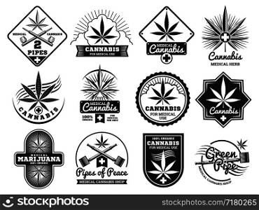 Hashish, rastaman, hemp, cannabis, marijuana vector logos and labels set isolated on white illustration. Hashish, rastaman, hemp, cannabis, marijuana vector logos and labels set