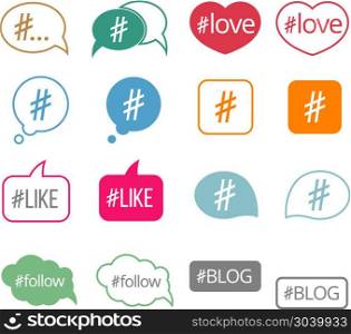 Hashtag flat vector icons set. Hashtag flat vector icons set for social media and sharing information illustration
