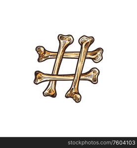 Hashtag metadata tag isolated number or pound sign. Vector font symbol made of bones. Number pound sign of bones isolated hashtag