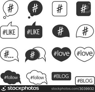 Hashtag post social media vector icons set. Hashtag post social media vector icons set. Like and follow, love tag illustration