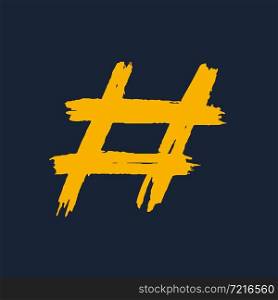 Hashtag, vector ink painted yellow tag on dark background. Hand Drawn vector illustration. Hashtag, vector ink painted yellow tag on dark background. Hand Drawn vector illustration.