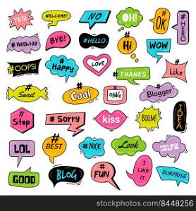 Hashtags. Communication trendy fun social world in speaking bubbles teenagers slang recent vector illustration templates. Communication social tag for promotion and speech. Hashtags. Communication trendy fun social world in speaking bubbles teenagers slang recent vector illustration templates