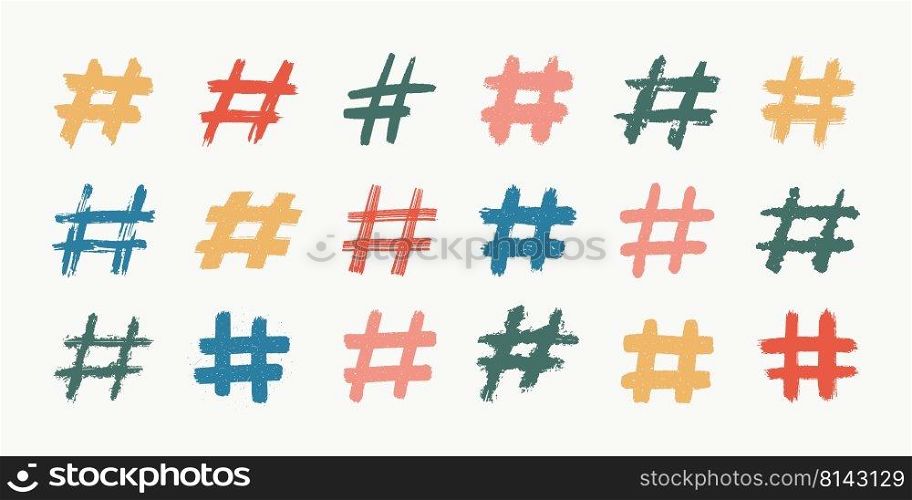 Hashtags, vector ink painted tag icons on white background. Hand Drawn vector illustration. Hashtags, vector ink painted tag icons on white background. Hand Drawn vector illustration.