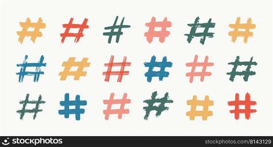 Hashtags, vector ink painted tag icons on white background. Hand Drawn vector illustration. Hashtags, vector ink painted tag icons on white background. Hand Drawn vector illustration.