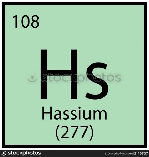 Hassium chemical sign. Mendeleev table symbol. Education concept. Mint background. Vector illustration. Stock image. EPS 10.. Hassium chemical sign. Mendeleev table symbol. Education concept. Mint background. Vector illustration. Stock image.