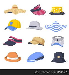 Hat and caps collection, fashionable clothes and accessories for men and women. Stylish sports wear and accessories, headwear with visor protecting from sun, panama with print. Vector in flat style. Caps and hat collection, fashionable accessories