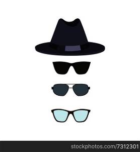 Hat and collection of glasses and sunglasses, black headwear with shiny stripe, objects for men, clothing and accessories set, vector illustration. Hat and Glasses Collection Vector Illustration
