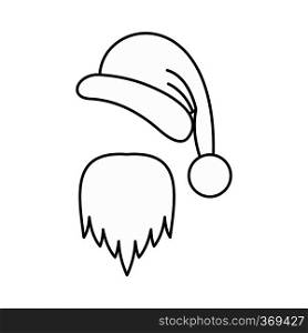 Hat and long beard of Santa Claus icon in outline style isolated on white background. New year symbol vector illustration. Hat and long beard of Santa Claus icon