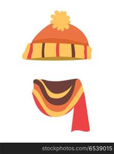 Hat. Brightful Winter Warm Headwear and Long Scarf. Hat. Contemporary soft orange knitted hat and bright scarf. Striped knitted scarf twisted on the right side with different coloured lines, yellow, brown. White background. Vector illustration
