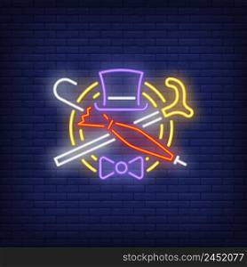 Hat, cane, umbrella and bow tie neon sign. Gentleman concept design. Night bright neon sign, colorful billboard, light banner. Vector illustration in neon style.