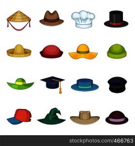 Hat cap icons set. Cartoon illustration of 16 hat cap vector icons for web. Hat cap icons set, cartoon style