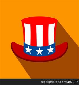 Hat in the USA flag colors flat icon on a yellow background. Hat in the USA flag colors flat icon
