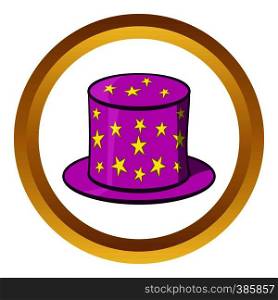 Hat of magician vector icon in golden circle, cartoon style isolated on white background. Hat of magician vector icon, cartoon style