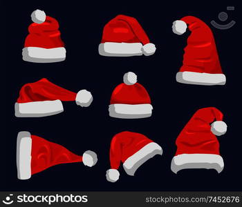 Hat of Santa Claus in red color, traditional costume element for winter character, cap with fur, vector illustration isolated on blue background.. Hat of Santa Claus Closeup Vector Illustration