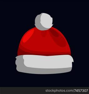 Hat of Santa Claus in red color, traditional costume element for winter character, cap with fur, vector illustration isolated on white background.. Hat of Santa Claus Closeup Vector Illustration