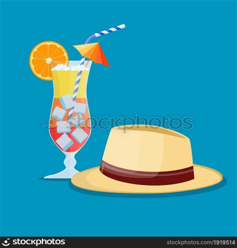 hat of summer and Glass of cold drink, alcohol cocktail. Vector illustration in flat style. hat of summer and Glass of cold drink