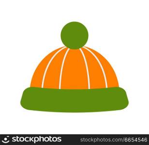 Hat of yellow and green colors, that has stripes as main pattern, object that protect you from cold and bad weather isolated on vector illustration. Hat of Yellow and Green Color Vector Illustration
