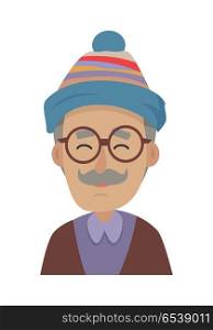Hat. Old Man Wearing Blue Striped Cap and Glasses. Hat. Old smiling man with grey mustache wearing blue striped cap and round glasses. Hat with violet, red and silver stripes. Violet skirt with collar. Brown sweater. Flat design. Vector illustration