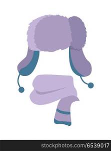 Hat. Winter Warm Violet Headwear and Woolen Scarf. Earflap hat. Woolen warm violet scarf. Violet headwear with two long ear flaps. Scarf twisted around with two blue stripes on white. Stylish winter set for youth. Flat design. Vector illustration