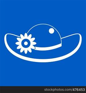 Hat with flower icon white isolated on blue background vector illustration. Hat with flower icon white
