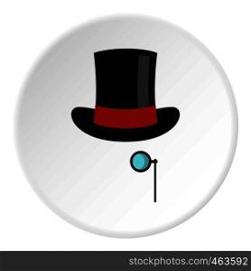 Hat with monocle icon in flat circle isolated vector illustration for web. Hat with monocle icon circle