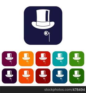 Hat with monocle icons set vector illustration in flat style in colors red, blue, green, and other. Hat with monocle icons set