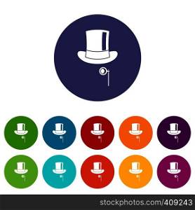 Hat with monocle set icons in different colors isolated on white background. Hat with monocle set icons