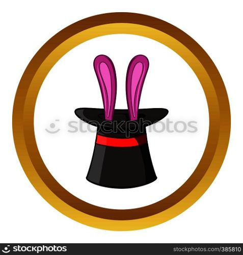 Hat with rabbit vector icon in golden circle, cartoon style isolated on white background. Hat with rabbit vector icon, cartoon style