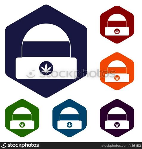 Hat with sign cannabis icons set rhombus in different colors isolated on white background. Hat with sign cannabis icons set